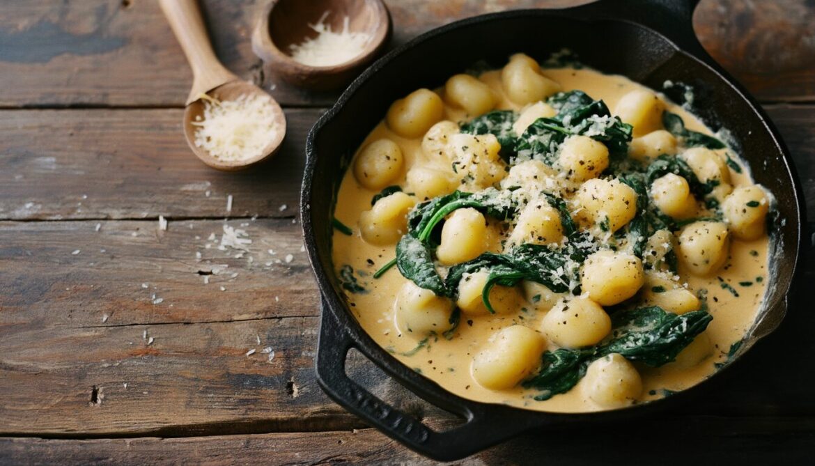 Cremige Gnocchi in Käse-Sahnesoße mit Spinat in einer gusseisernen Pfanne