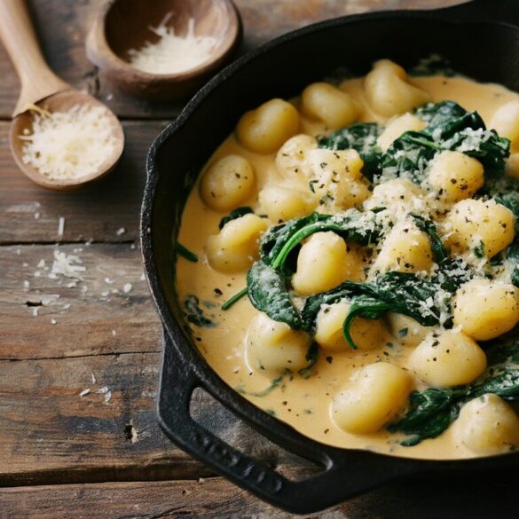Gnocchi in Käse-Sahnesoße mit Spinat – cremige Pfanne in 20 Minuten Cremige Gnocchi in Käse-Sahnesoße mit Spinat in einer gusseisernen Pfanne