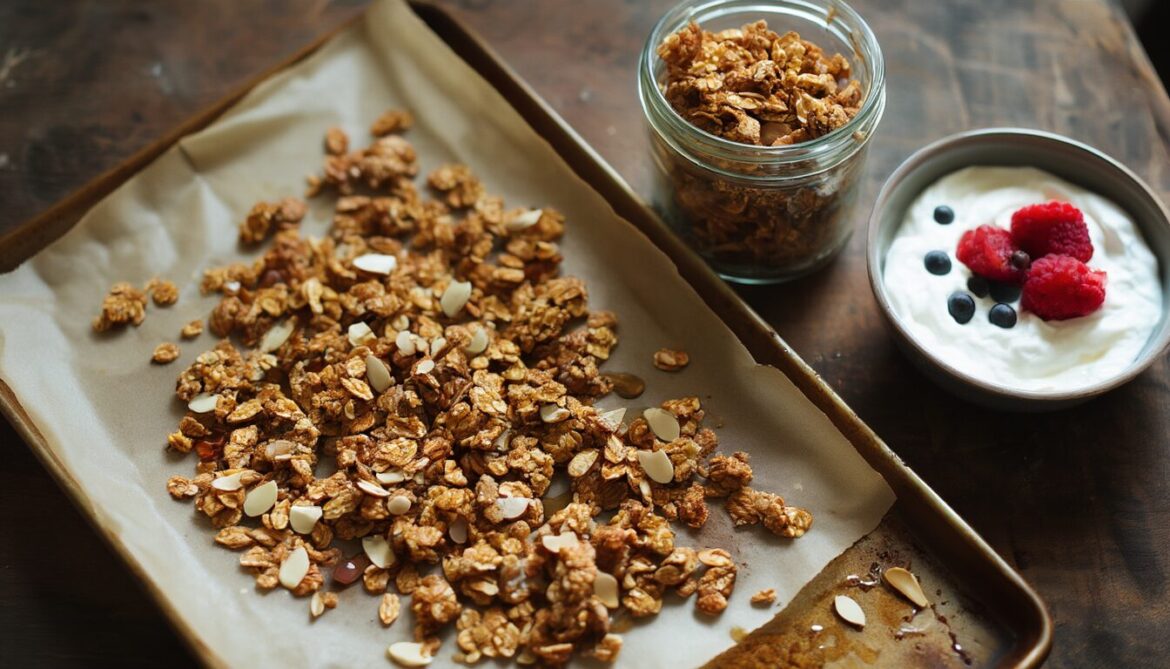 Selbstgemachtes knuspriges Granola Müsli auf einem Backblech mit Mandeln, Kürbiskernen und Honig, daneben ein Vorratsglas und Joghurt mit Beeren