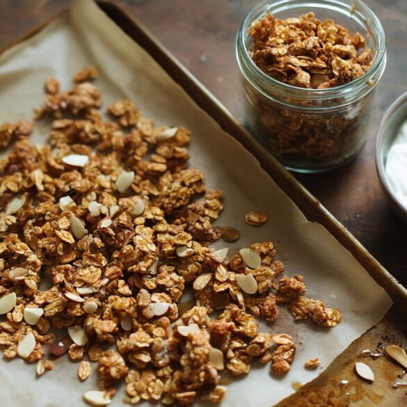 Granola Müsli selber machen: knuspriges Grundrezept & Variationen Selbstgemachtes knuspriges Granola Müsli auf einem Backblech mit Mandeln, Kürbiskernen und Honig, daneben ein Vorratsglas und Joghurt mit Beeren