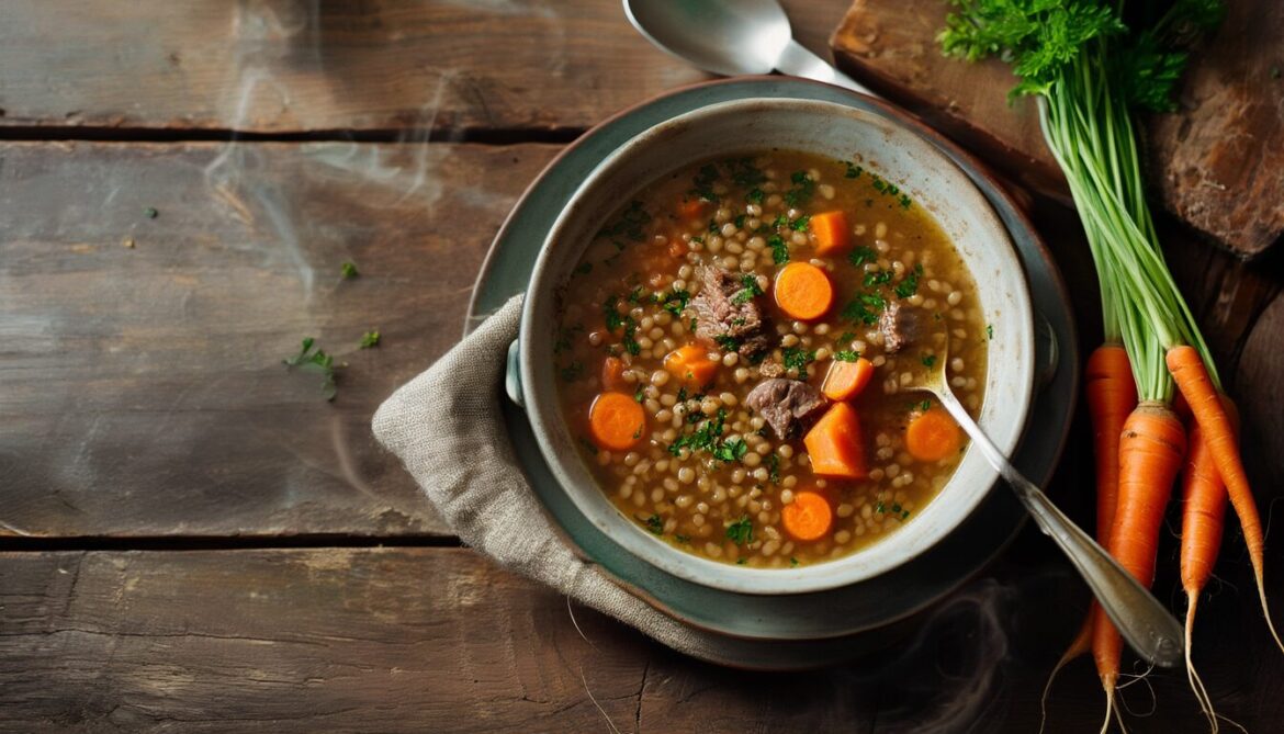 Dampfende Graupensuppe mit Möhren, Rindfleisch und Petersilie in einer Keramikschale auf Holztisch
