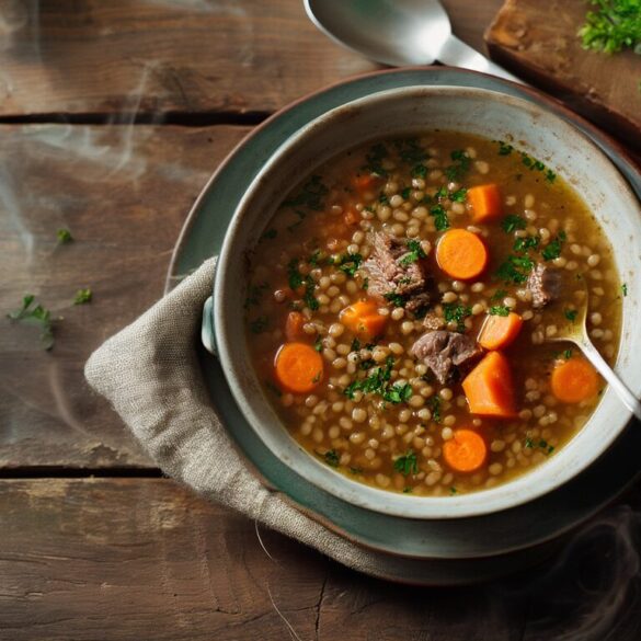 Graupensuppe mit Möhren und Rindfleisch – herzhaft wie bei Oma Dampfende Graupensuppe mit Möhren, Rindfleisch und Petersilie in einer Keramikschale auf Holztisch
