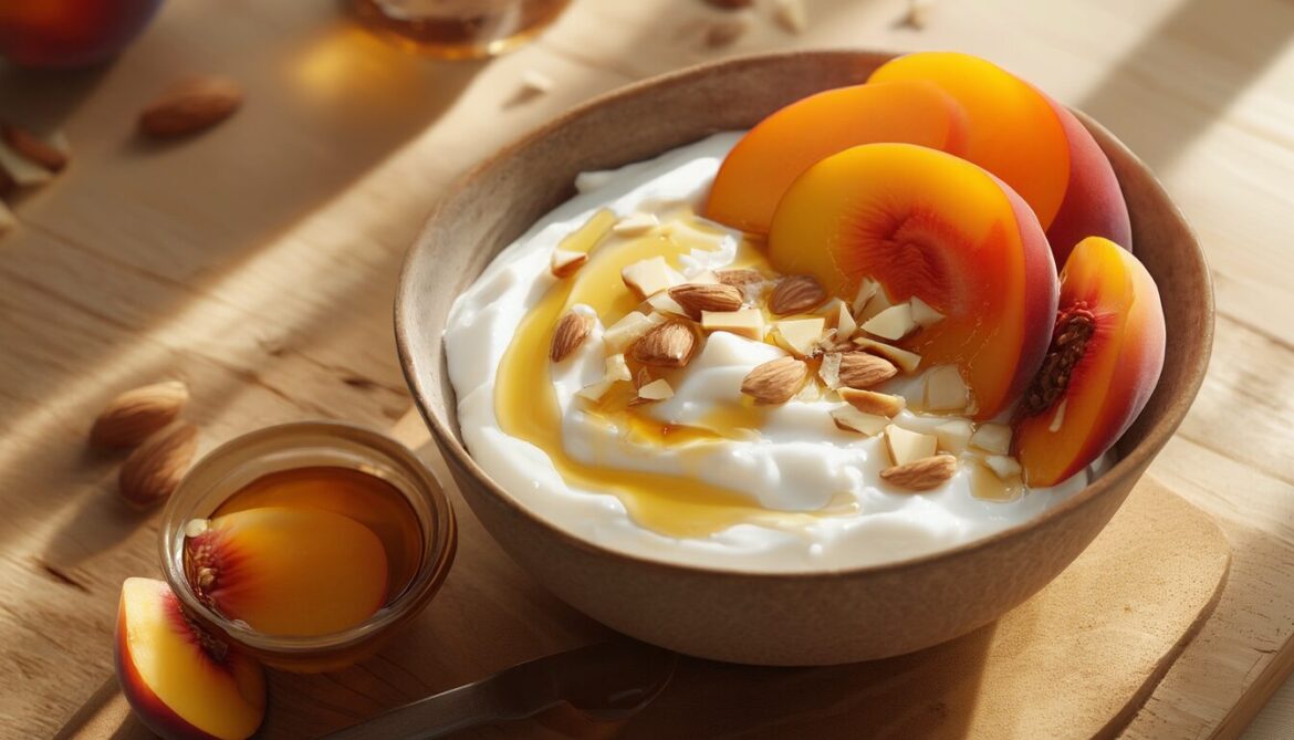 Schale mit griechischem Joghurt, frischen Pfirsichscheiben, Honig und gehackten Mandeln