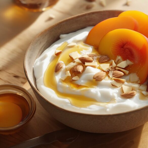 Griechischer Joghurt auf Pfirsichen: cremiges Frühstück in 10 Minuten Schale mit griechischem Joghurt, frischen Pfirsichscheiben, Honig und gehackten Mandeln