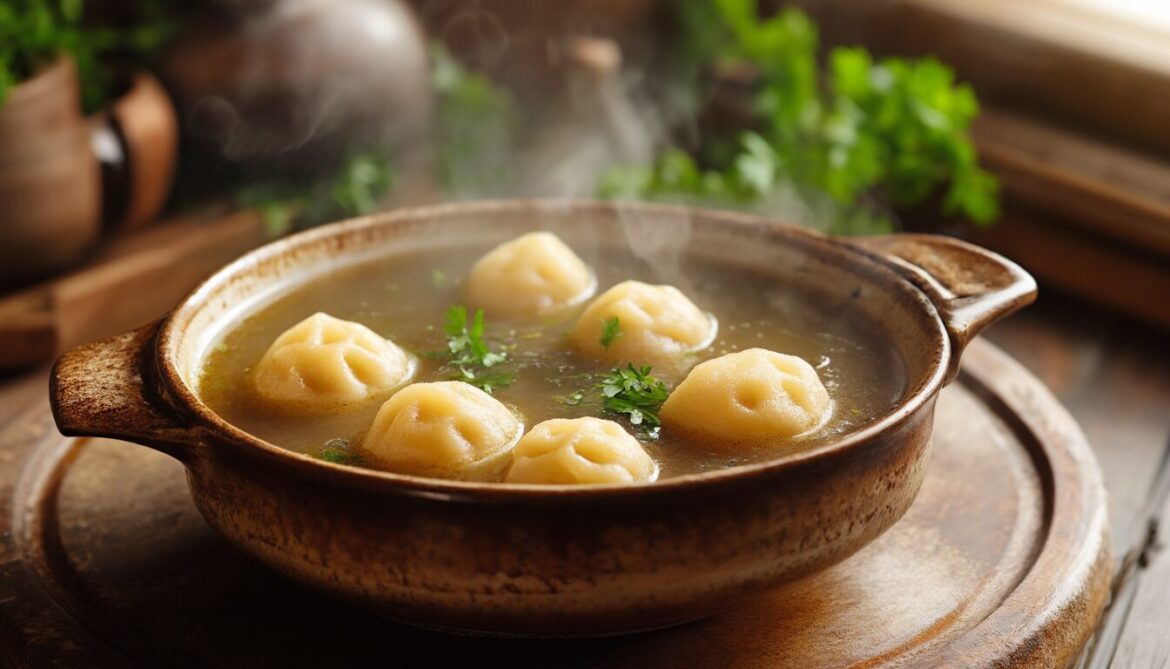 Klassische Grießknödel als Suppeneinlage in klarer Brühe mit frischer Petersilie