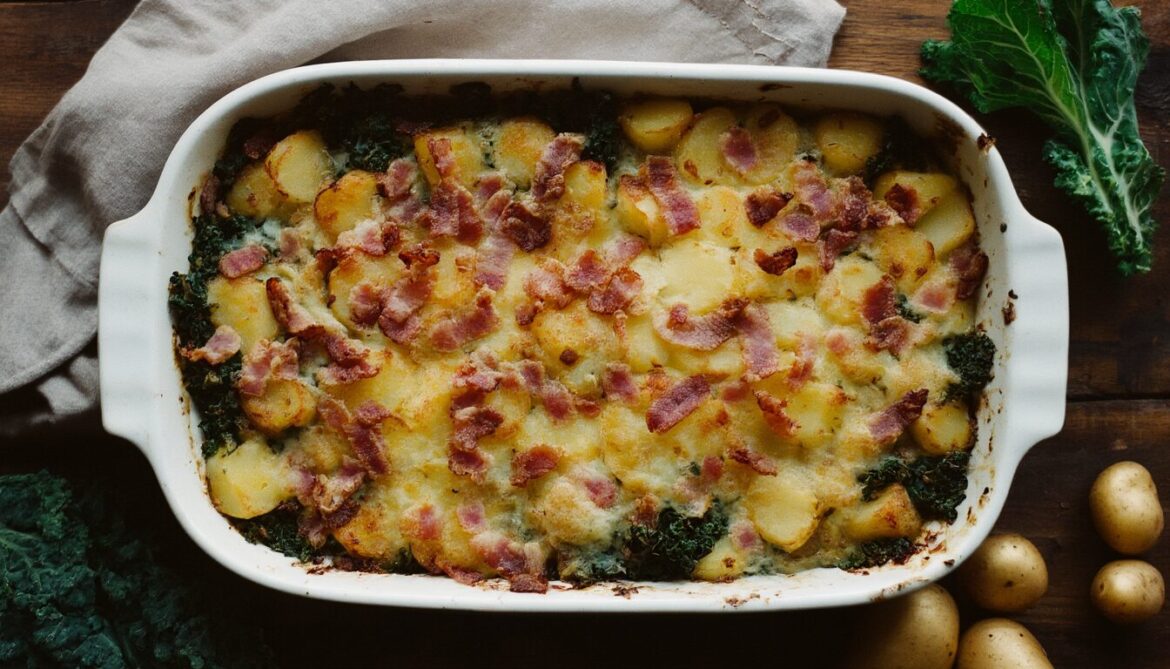 Grünkohl-Kartoffel-Auflauf mit Speck und goldener Käsekruste in einer weißen Auflaufform