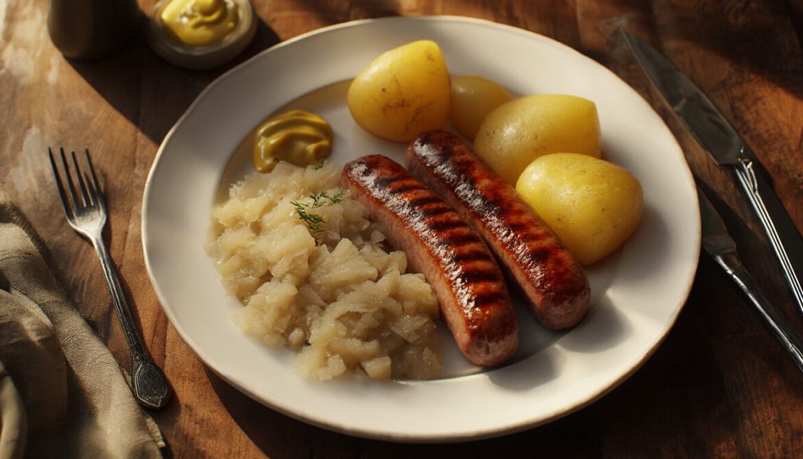 Gebratene sächsische Grützwurst mit Sauerkraut und Kartoffeln auf einem Teller
