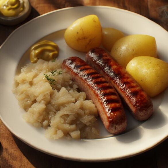 Grützwurst mit Sauerkraut und Kartoffeln: sächsisches Rezept Gebratene sächsische Grützwurst mit Sauerkraut und Kartoffeln auf einem Teller