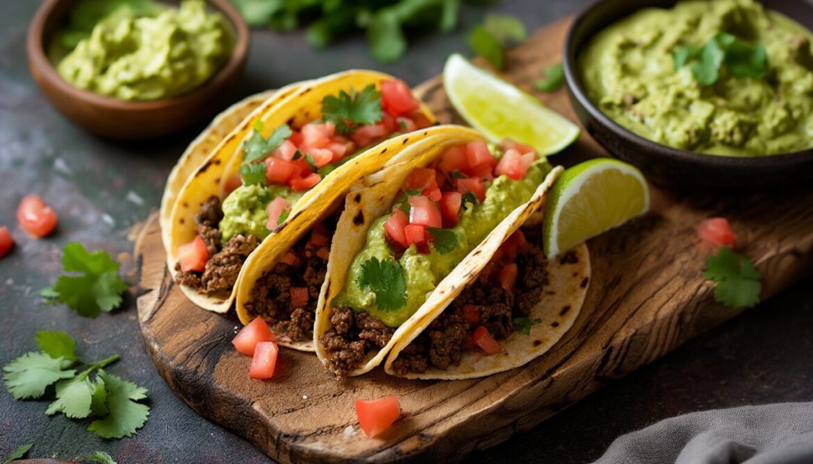 Selbst gemachte Tacos mit Hackfleisch und cremige Guacamole mit Limette und Koriander auf einem Holzbrett