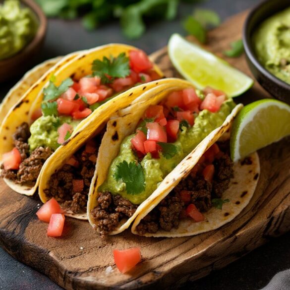 Guacamole und Tacos: das einfache Rezept aus Mexiko Selbst gemachte Tacos mit Hackfleisch und cremige Guacamole mit Limette und Koriander auf einem Holzbrett