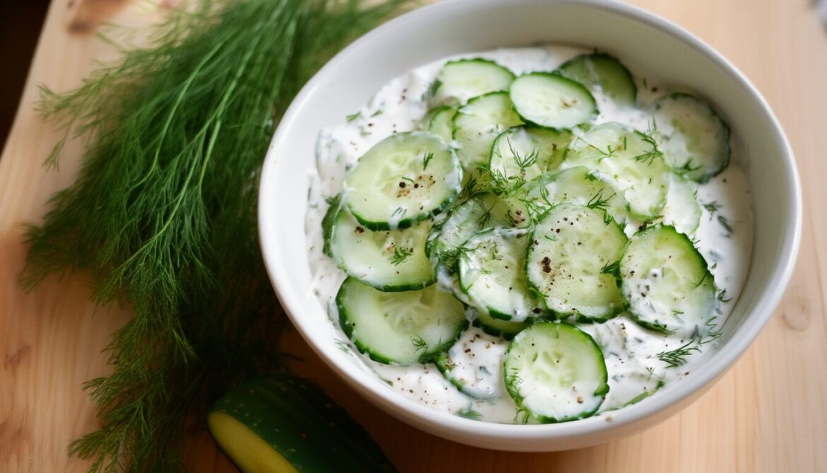 Cremiger Gurkensalat mit Joghurt und Dill in einer weißen Schüssel