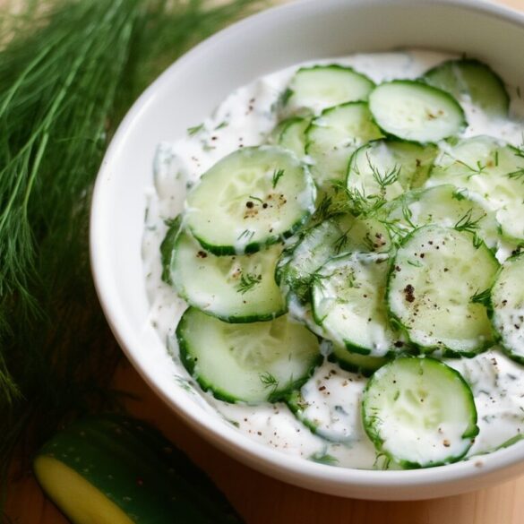 Gurkensalat mit Dill und Joghurt – cremig in 10 Minuten Cremiger Gurkensalat mit Joghurt und Dill in einer weißen Schüssel