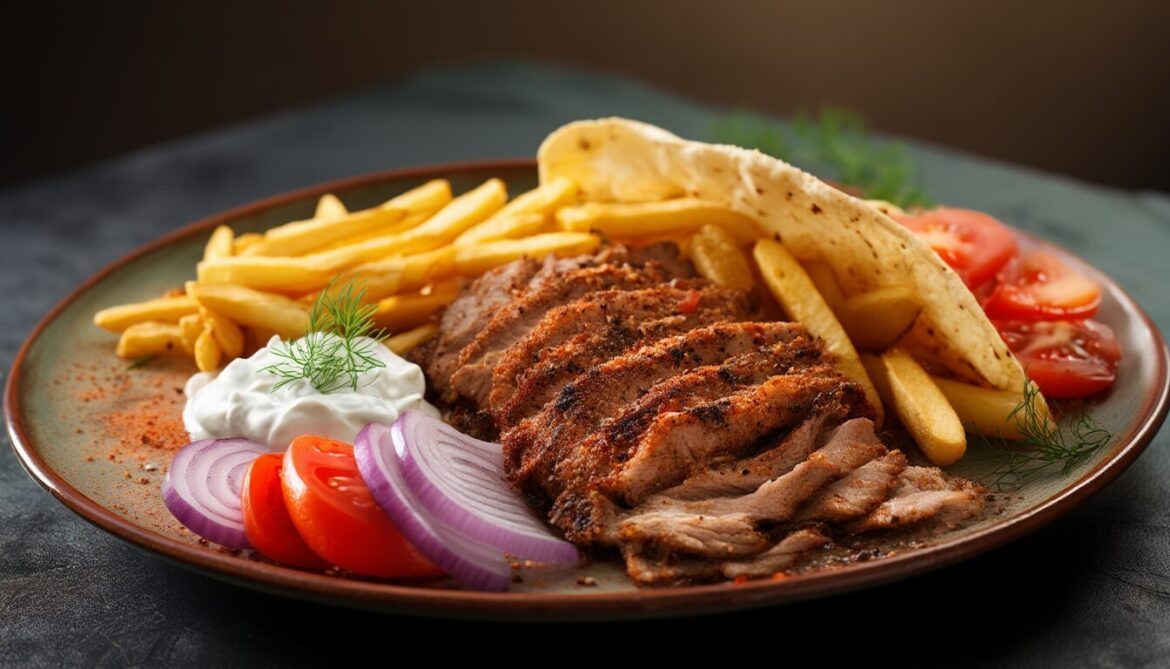 Saftiges selbst gemachtes Gyros mit knusprigen Röstkanten, Pita, Tomaten, Zwiebeln und Tzatziki auf einem Holzteller