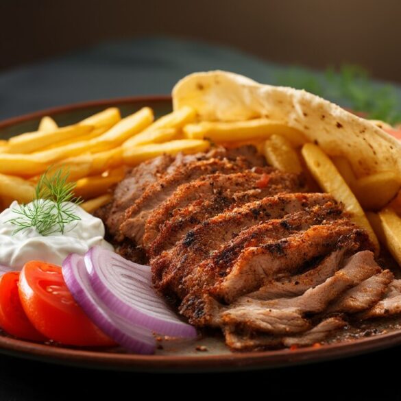 Gyros selber machen: saftig & würzig wie beim Griechen Saftiges selbst gemachtes Gyros mit knusprigen Röstkanten, Pita, Tomaten, Zwiebeln und Tzatziki auf einem Holzteller