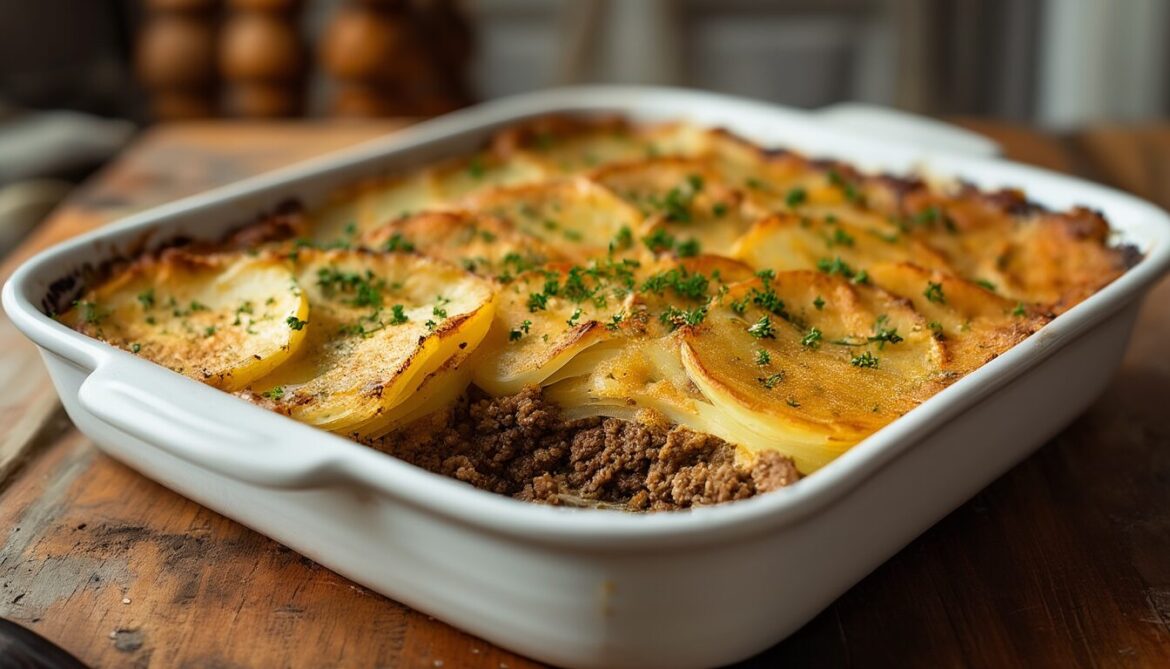 Deftiger Hackfleisch-Kartoffelauflauf mit goldener Senfkruste in einer Auflaufform, eine Portion herausgehoben