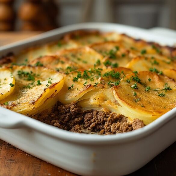 Hackfleisch-Kartoffelauflauf mit Senfkruste Deftiger Hackfleisch-Kartoffelauflauf mit goldener Senfkruste in einer Auflaufform, eine Portion herausgehoben