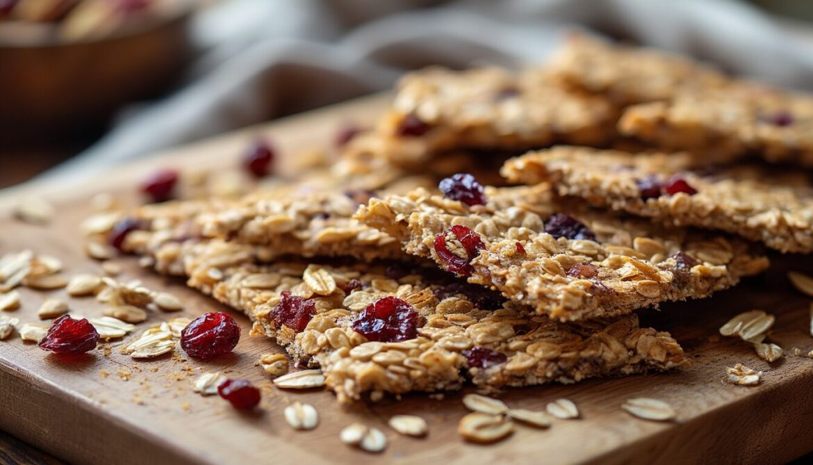 Knusprige Haferflocken-Cranberry-Cracker in Stücke gebrochen auf einem Holzbrett mit Haferflocken, Nüssen und Cranberries