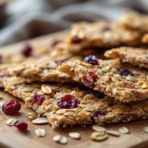 Haferflocken-Cranberry-Cracker: knusprig backen in 25 Minuten Knusprige Haferflocken-Cranberry-Cracker in Stücke gebrochen auf einem Holzbrett mit Haferflocken, Nüssen und Cranberries