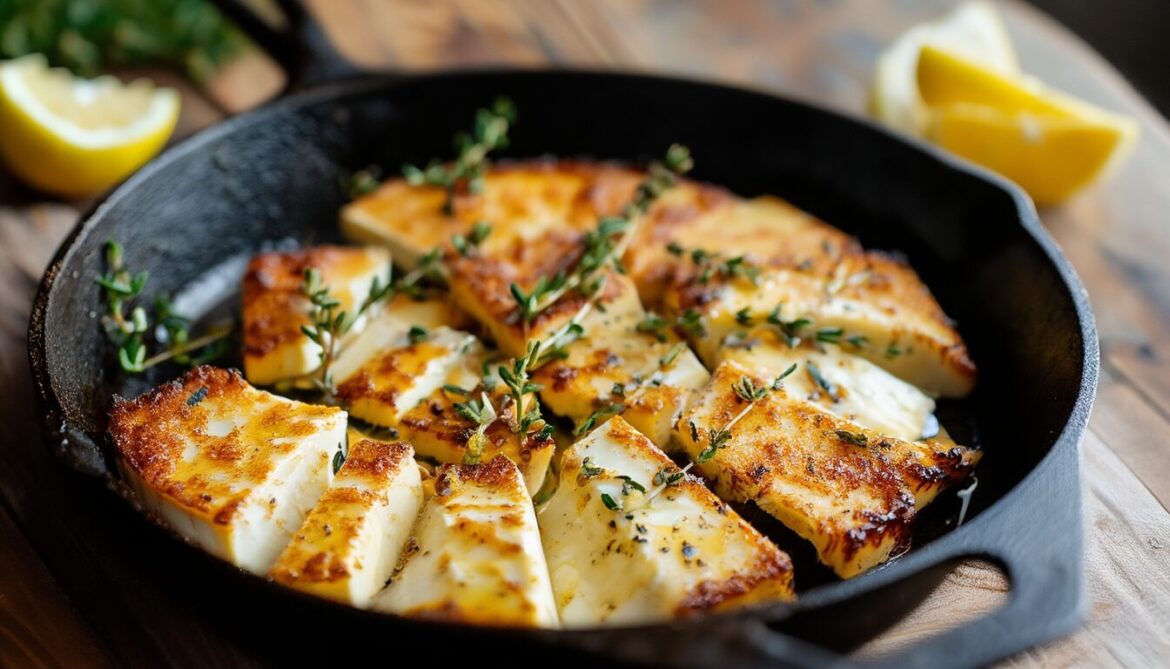 Goldbraun gebratene Halloumi-Scheiben mit knuspriger Kruste in einer gusseisernen Pfanne, garniert mit Thymian und Honig
