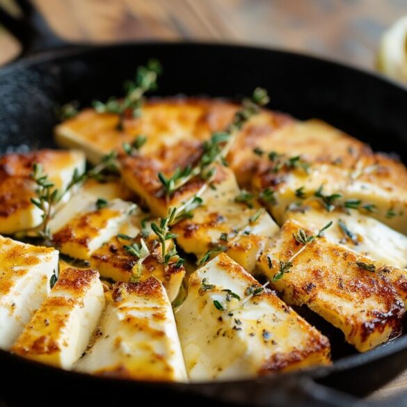 Goldbraun gebratene Halloumi-Scheiben mit knuspriger Kruste in einer gusseisernen Pfanne, garniert mit Thymian und Honig