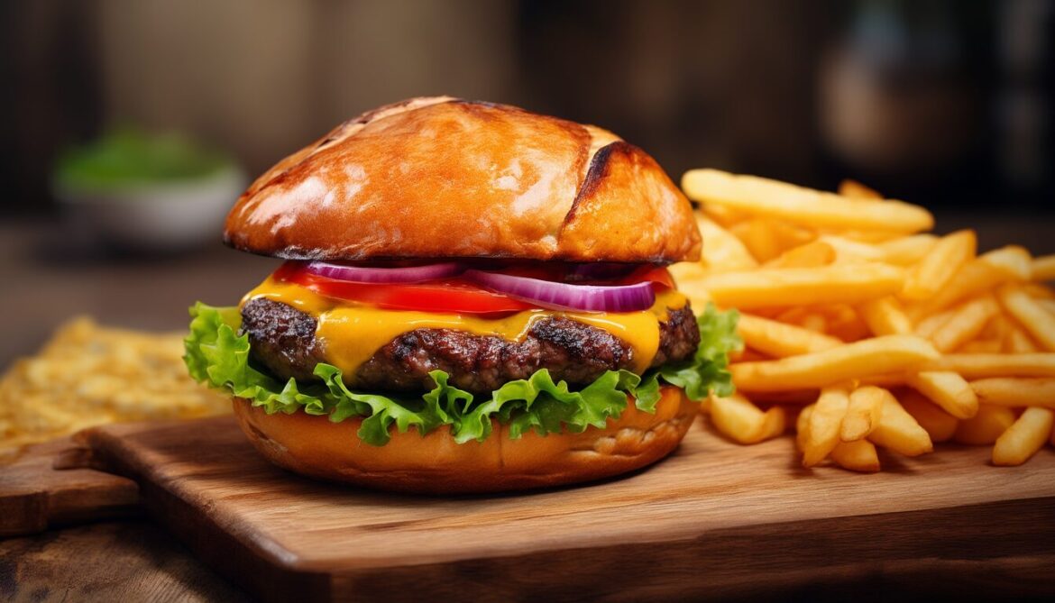 Selbst gemachter amerikanischer Cheeseburger mit saftigem Patty und knusprigen Pommes auf einem Holzbrett