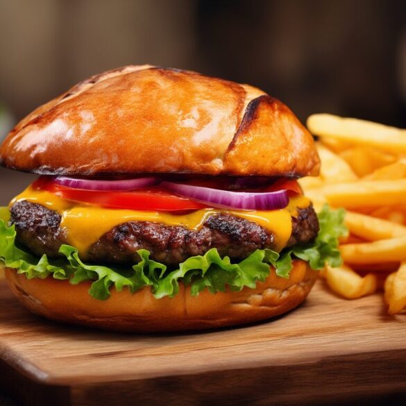 Hamburger- und Pommes-Rezept aus den USA selber machen Selbst gemachter amerikanischer Cheeseburger mit saftigem Patty und knusprigen Pommes auf einem Holzbrett