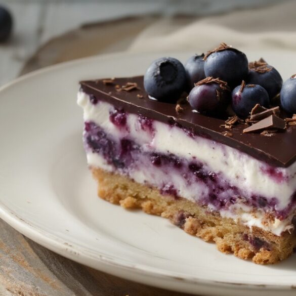 Heidelbeercreme auf Keksboden: cremige No-Bake-Torte mit Schokocreme Tortenstück Heidelbeercreme auf Keksboden mit Schokoschicht und frischen Heidelbeeren