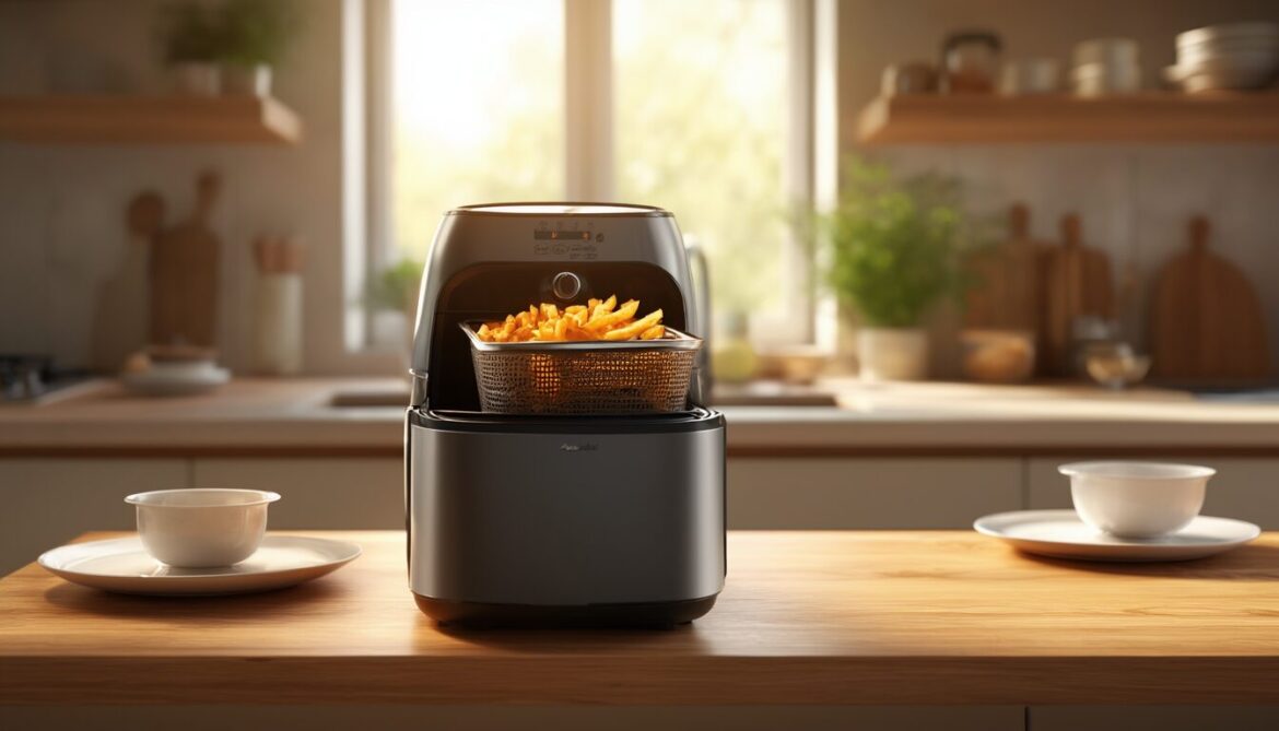 Kompakte Heißluftfritteuse mit goldenen Pommes auf einer Küchenarbeitsplatte, im Hintergrund zwei Gedecke