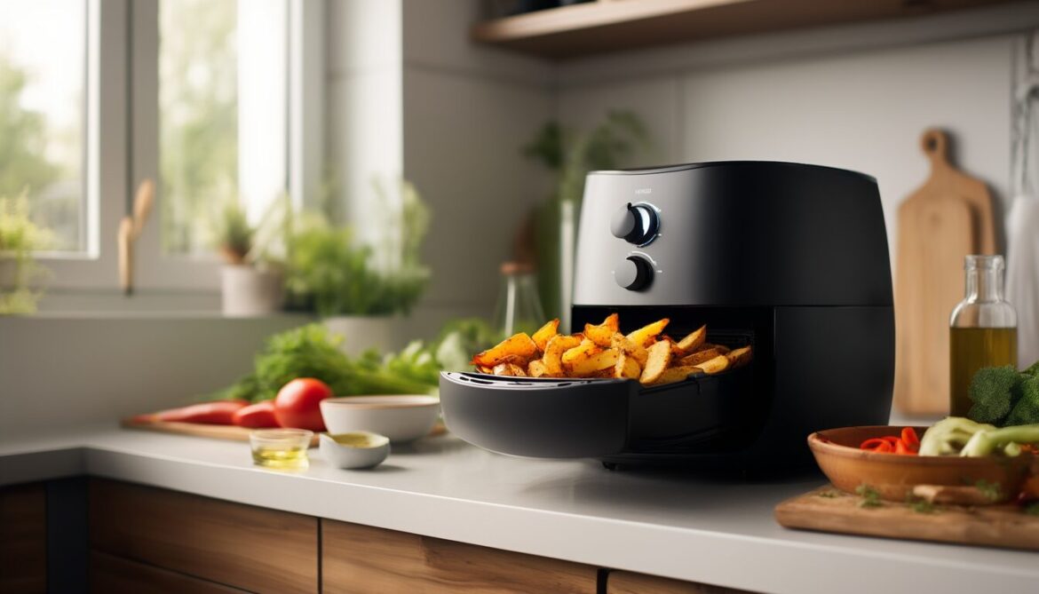Moderne schwarze Heißluftfritteuse auf heller Küchenarbeitsplatte mit goldgelben Kartoffelspalten und geröstetem Gemüse im Garkorb