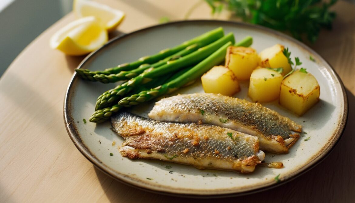 Gebratene Heringfilets mit grünem Spargel und knusprigen Bratkartoffeln auf einem Teller mit Zitrone und Petersilie