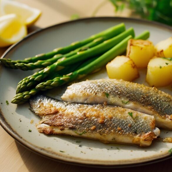 Hering mit grünem Spargel und Bratkartoffeln in 35 Minuten Gebratene Heringfilets mit grünem Spargel und knusprigen Bratkartoffeln auf einem Teller mit Zitrone und Petersilie