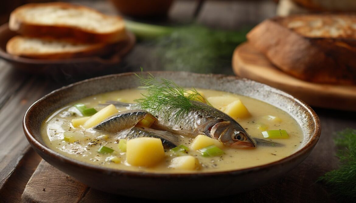 Schüssel cremige Heringssuppe mit Kartoffeln, Lauch und frischem Dill, daneben dunkles Brot