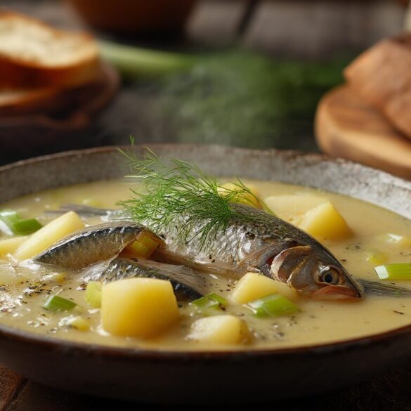 Heringssuppe mit Kartoffeln und Lauch: cremiger Klassiker in 40 Minuten Schüssel cremige Heringssuppe mit Kartoffeln, Lauch und frischem Dill, daneben dunkles Brot