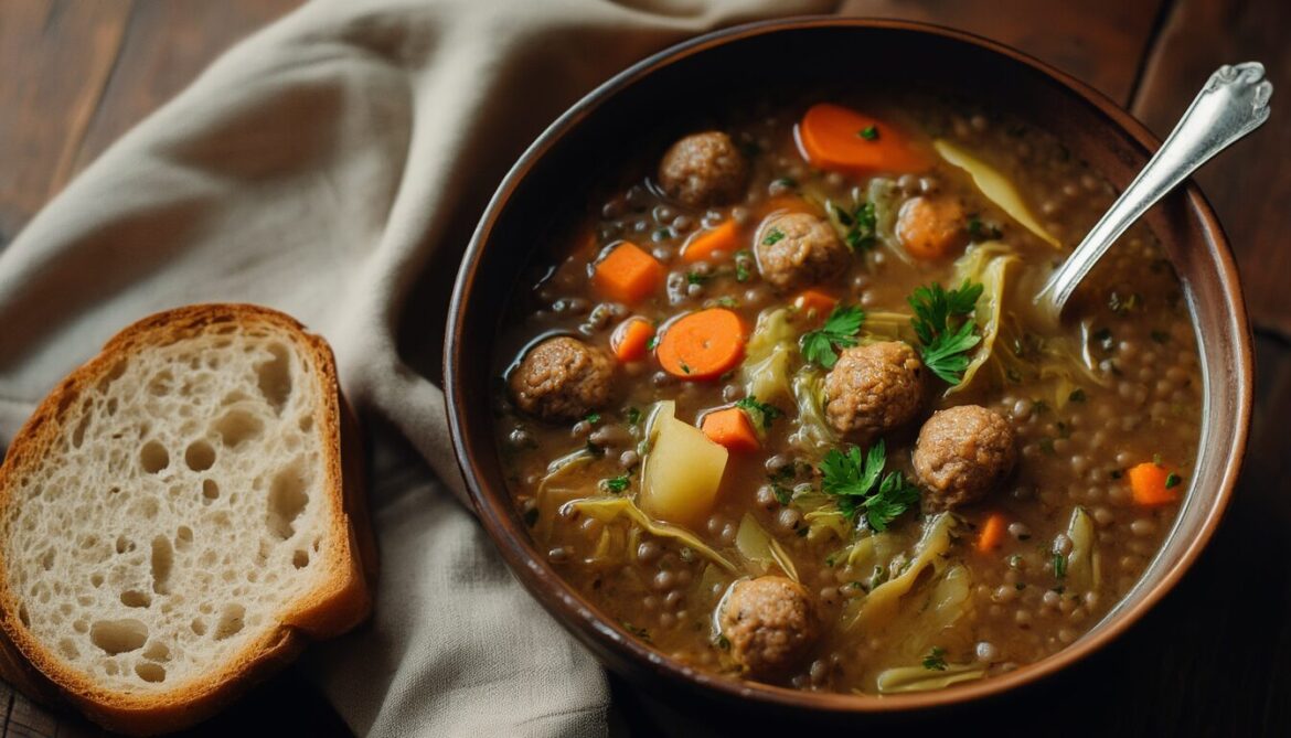 Schüssel herzhafte Linsensuppe mit Mettbällchen, Wirsing und Karotten, garniert mit Petersilie, daneben Vollkornbrot
