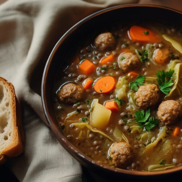 Herzhafte Linsensuppe mit Mettbällchen und Wirsing Schüssel herzhafte Linsensuppe mit Mettbällchen, Wirsing und Karotten, garniert mit Petersilie, daneben Vollkornbrot