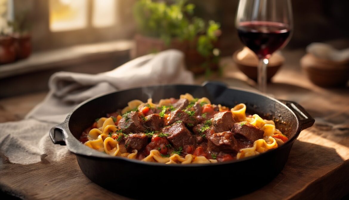 Hessische Rinder-Wein-Pfanne mit Spätzle in einer gusseisernen Pfanne, garniert mit frischer Petersilie