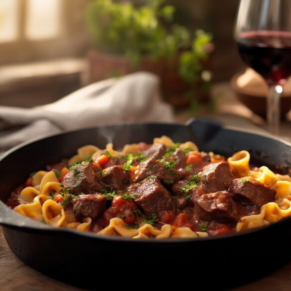 Hessische Rinder-Wein-Pfanne mit Spätzle Hessische Rinder-Wein-Pfanne mit Spätzle in einer gusseisernen Pfanne, garniert mit frischer Petersilie
