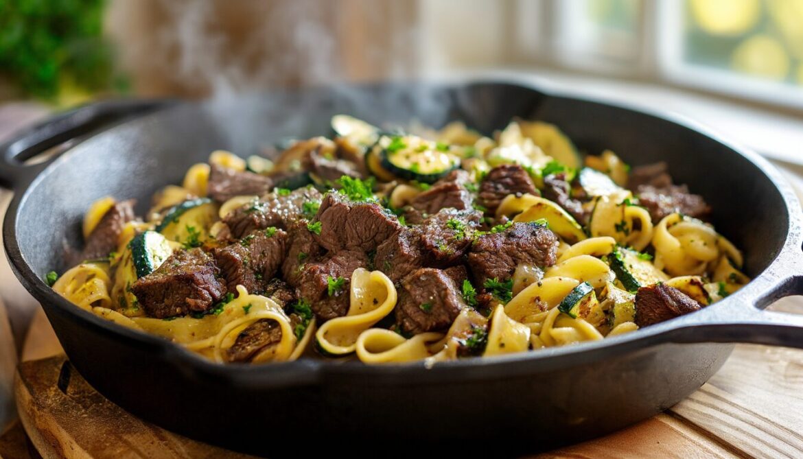 Rindfleisch-Nudel-Pfanne mit Zucchini und frischer Petersilie in einer gusseisernen Pfanne