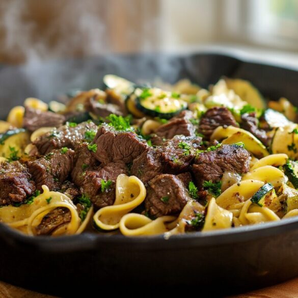 Hessische Rindfleisch-Nudel-Pfanne mit Zucchini in 30 Minuten Rindfleisch-Nudel-Pfanne mit Zucchini und frischer Petersilie in einer gusseisernen Pfanne