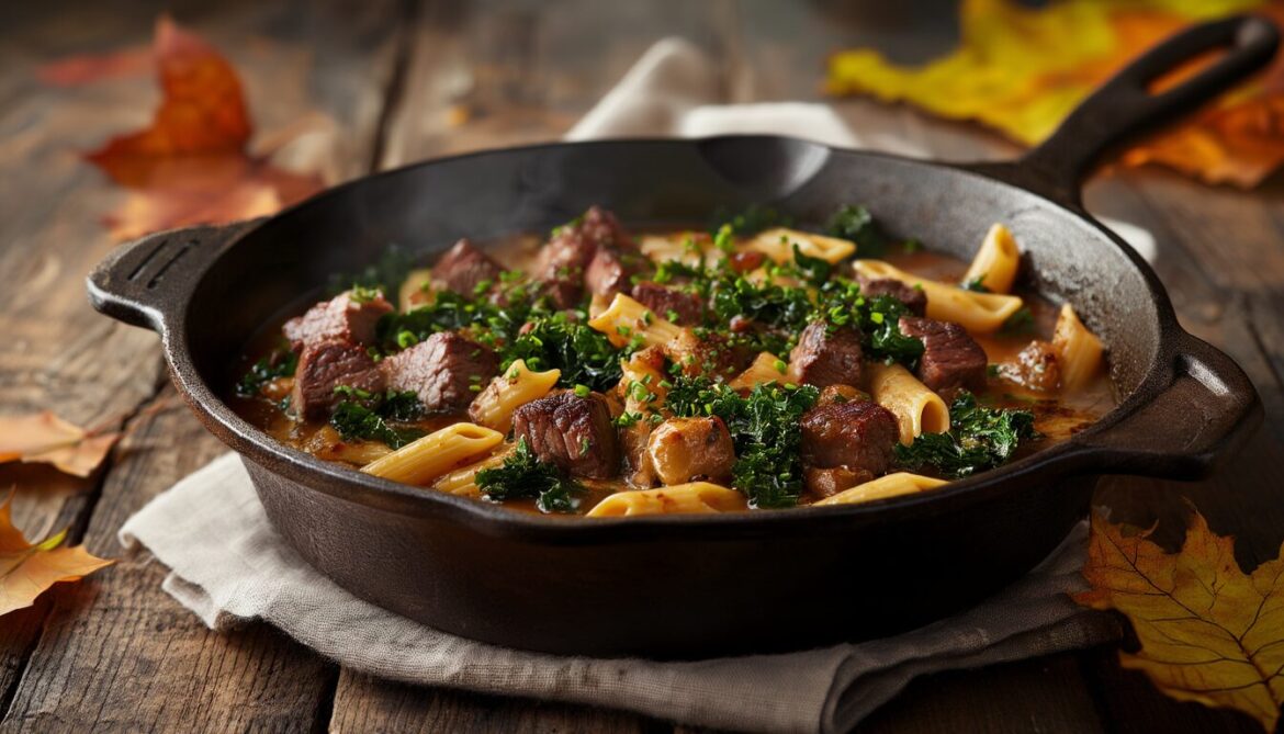 Dampfender Hessischer Rinder-Nudel-Grünkohl-Topf mit Rindfleisch, Grünkohl und Penne in einem Gusseisentopf