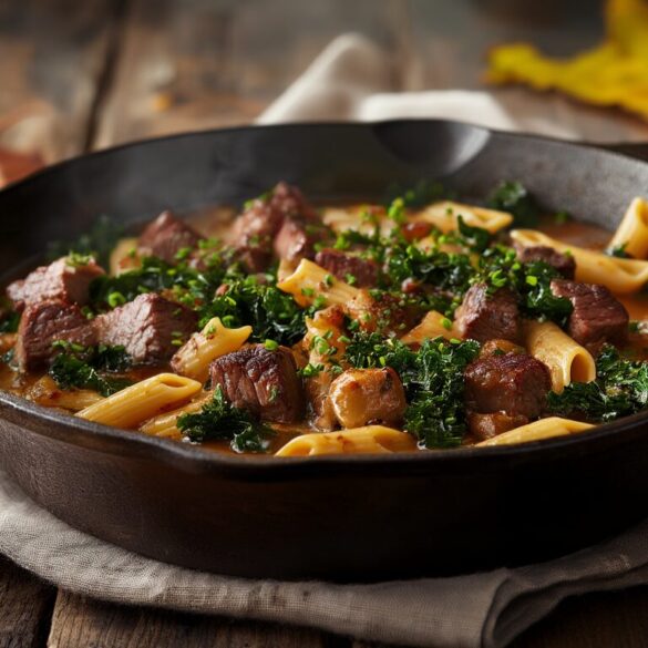 Hessischer Rinder-Nudel-Grünkohl-Topf Dampfender Hessischer Rinder-Nudel-Grünkohl-Topf mit Rindfleisch, Grünkohl und Penne in einem Gusseisentopf