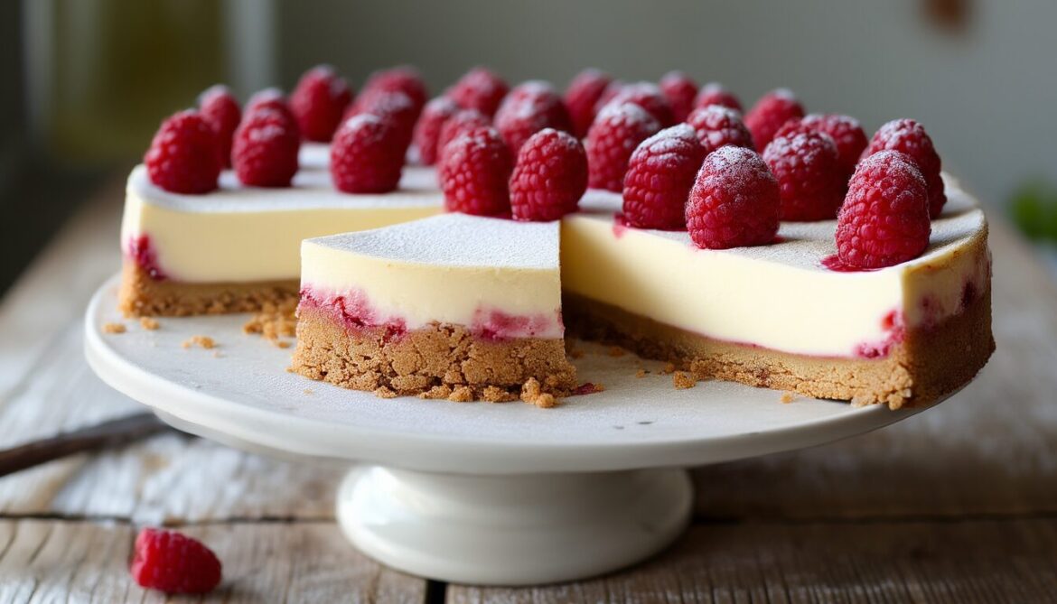 Angeschnittene Himbeer-Mascarpone-Torte mit Keksboden und frischen Himbeeren auf einer Tortenplatte