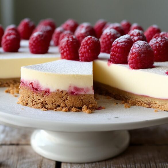 Himbeer-Mascarpone-Torte mit Keksboden – ohne Backen & schnittfest Angeschnittene Himbeer-Mascarpone-Torte mit Keksboden und frischen Himbeeren auf einer Tortenplatte