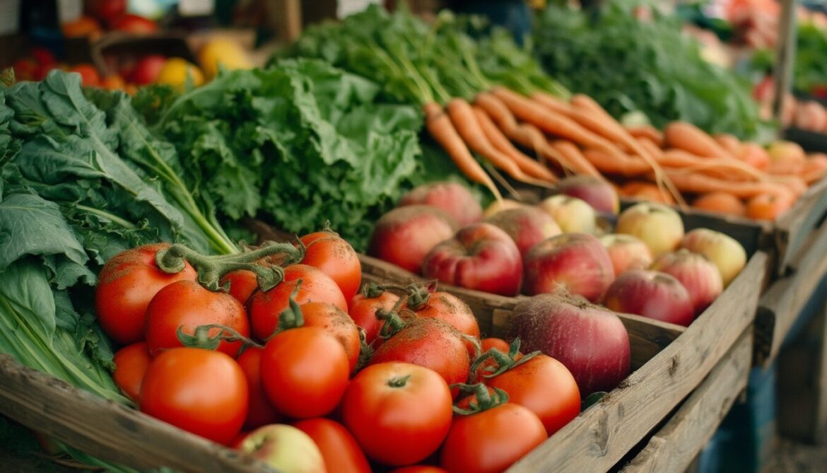 Frisches Bio-Obst und -Gemüse in einer Holzkiste auf einem Marktstand bei Tageslicht
