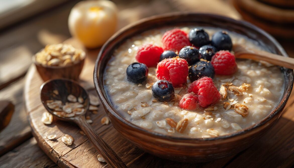 Schüssel mit cremigem Haferflocken-Porridge, frischen Beeren und Nüssen auf einem Holztisch im Morgenlicht