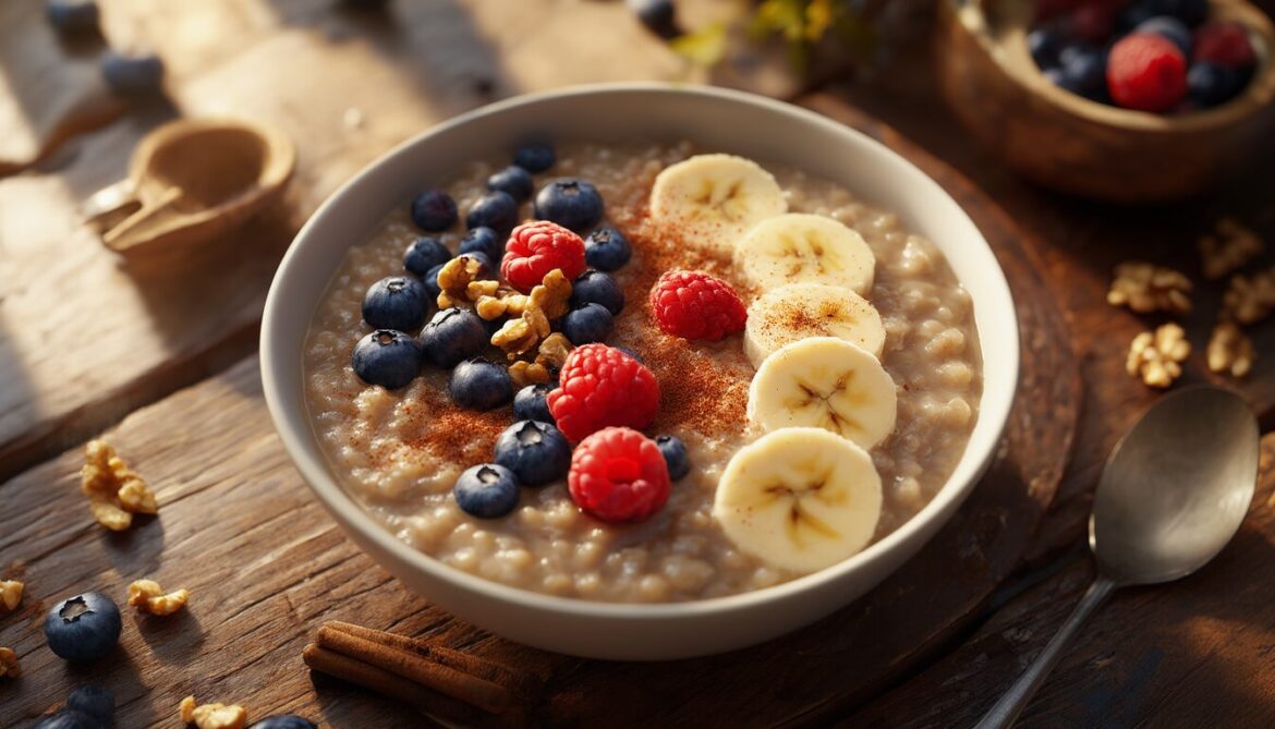 Schüssel cremiger Haferporridge mit Beeren, Banane, Walnüssen und Zimt auf einem Holztisch im Morgenlicht