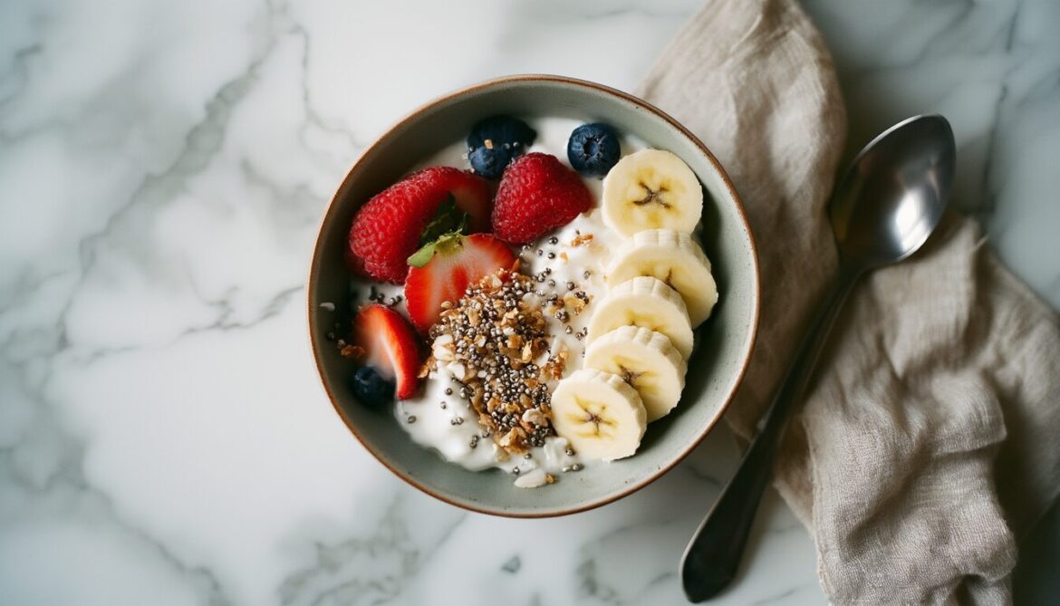 Joghurt-Bowl mit knusprigem Crunchy Müsli, frischen Beeren, Bananenscheiben, Kokosraspeln und Chiasamen in einer hellen Schüssel