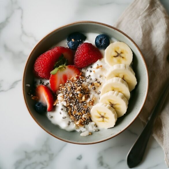 Joghurt mit Crunchy Müsli, Obst & Chia in 5 Minuten Joghurt-Bowl mit knusprigem Crunchy Müsli, frischen Beeren, Bananenscheiben, Kokosraspeln und Chiasamen in einer hellen Schüssel