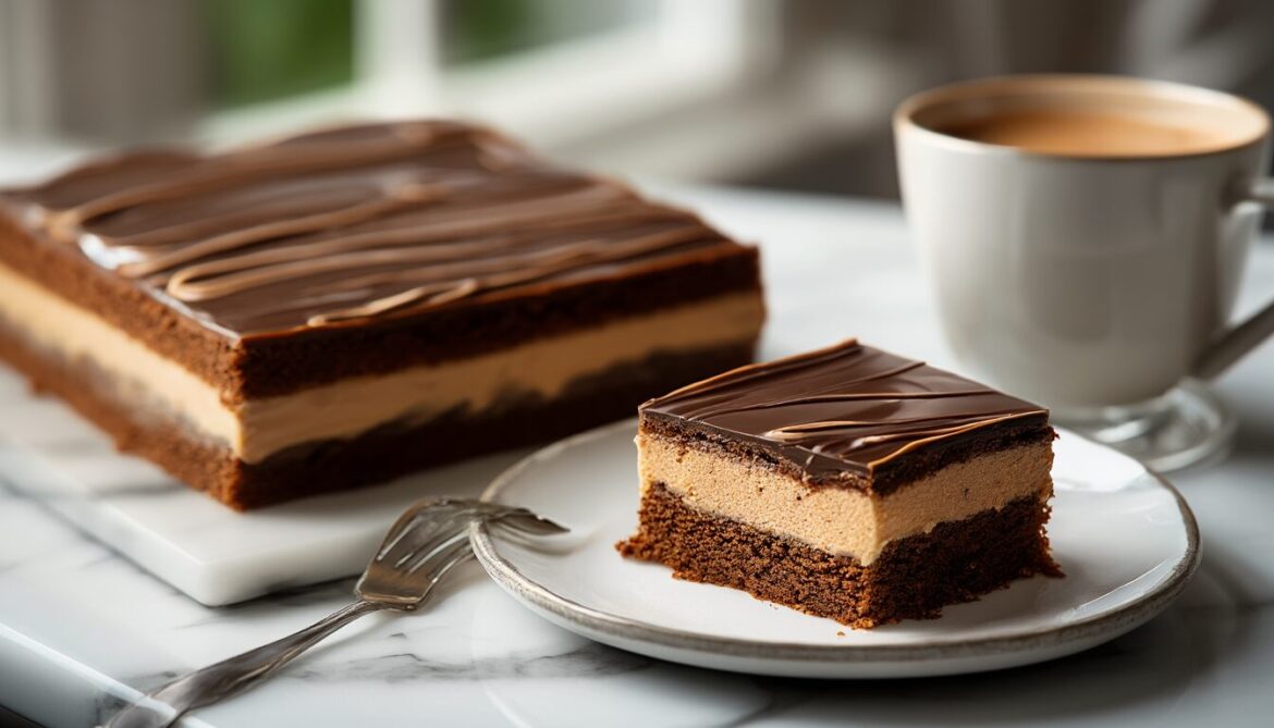 Kaffeeschnitten vom Blech mit Kaffeecreme und Schokoglasur, in Stücke geschnitten neben einer Espressotasse