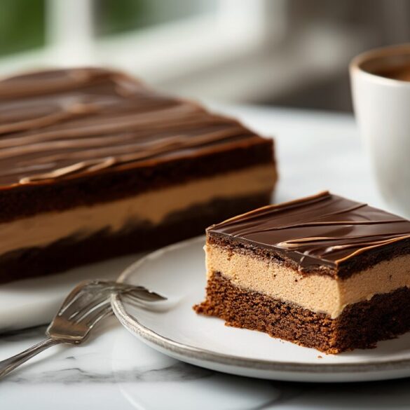 Kaffeeschnitten: saftiges Rezept vom Blech mit Kaffeecreme Kaffeeschnitten vom Blech mit Kaffeecreme und Schokoglasur, in Stücke geschnitten neben einer Espressotasse